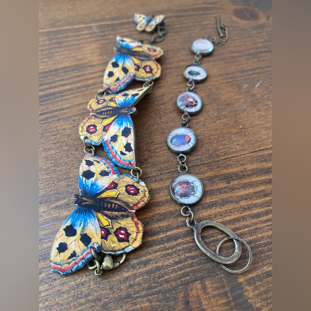 Bug Bracelet Set Butterfly Moth & Beetle Bronze Set Lobster Toggle Clasp Boho